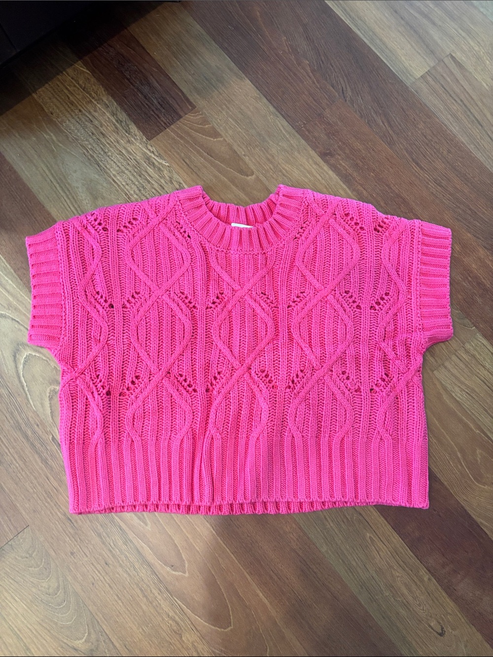 Zenana Bright Pink Short-Sleeve Cable Knit Sweater